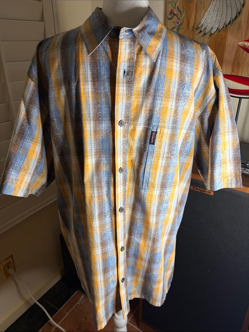 🍑🚶‍♂️Men's Columbia Peach & Blue Plaid 100% Cotton Short Sleeve W/ 1 Pocket Sz L